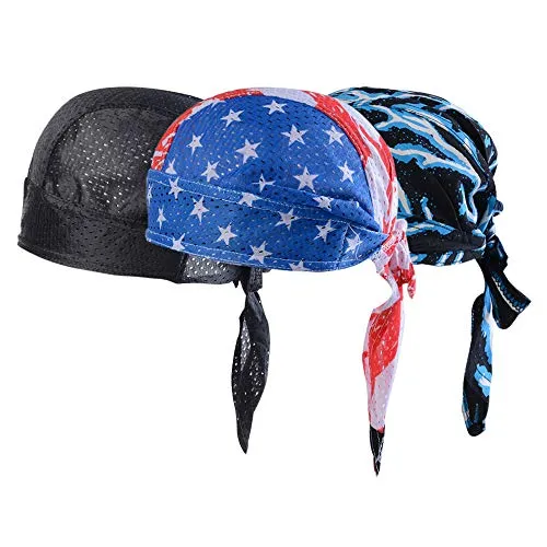 Vertvie 3 Stück Kopftuch Atmungsaktiv Sports Bandana Cap Bikertuch Bandanas Hat Radfahren Mütze Herren Damen (One Size, Schwarz + Flaggenprint + Blitzdruck)