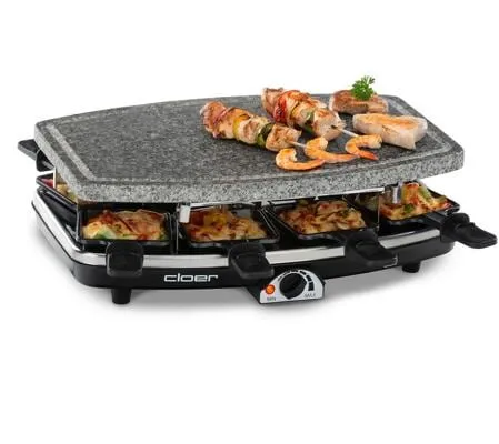 Cloer 6430 Raclette-Grill - 1200 Watt, 8 antihaftbeschichtete Pfännchen, abnehmbare Natursteinplatte mit Temperaturregler und wärmeisolierten Griffen