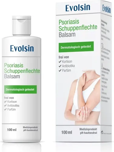 Evolsin Psoriasis Schuppenflechte Balsam - Arzneimittel zur Linderung von Psoriasis-Symptomen, beruhigt die Haut und reduziert Juckreiz, hautfreundlich und parfümfrei, ideal für empfindliche Haut.