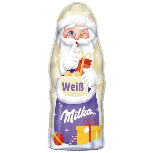 Milka Weihnachtsmann Weiße Schokolade – Zarte Hohlfigur aus weißer Alpenmilch-Schokolade – 90g