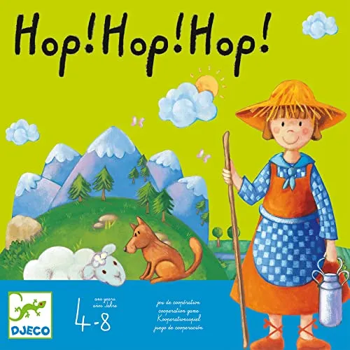 Djeco - 81237 - Hop! Hop! Hop! - Kooperatives Spiel - Gesellschaftsspiel für Kinder, fördert Teamwork und strategisches Denken, während die Spieler versuchen, ihre Schafe sicher über die Brücke zu bringen.
