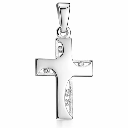 MATERIA 925 Silber Kreuz Anhänger mit Zirkonia - Stylischer Anhänger aus 925 Sterlingsilber, hochglanzpoliert mit 5 funkelnden Zirkonia, ideal für besondere Anlässe wie Konfirmation oder Weihnachten. Inklusive Schmuck-Etui.