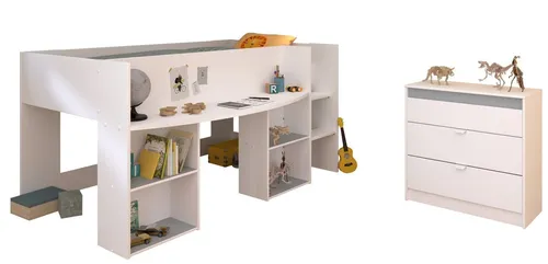 Parisot Kinderzimmer-Set Pirouette 16 in Weiß mit drehbaren Elementen - Praktisches 2-teiliges Kinderzimmer-Set mit Hochbett und Kommode. Flexibel gestaltbar durch drehbare Elemente in Rosa oder Grau. Ideal für kleine Räume mit viel Stauraum und einem integrierten Arbeitsplatz.