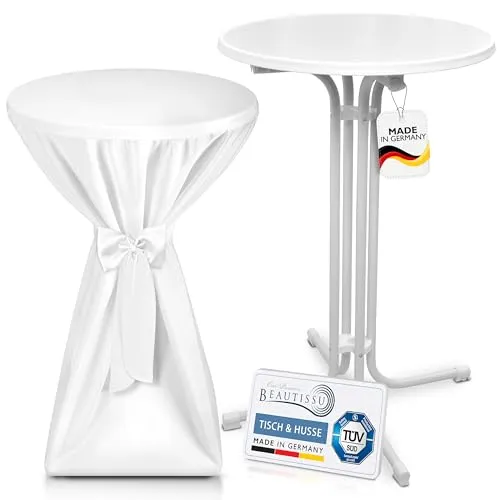 Beautissu Weißer Outdoor Stehtisch klappbar mit Husse 70 cm Weiß – Wetterfester Partytisch Sylt + Premium Stehtischhusse – Platzsparender Bistrotisch Gastro-Qualität TÜV Made in Germany