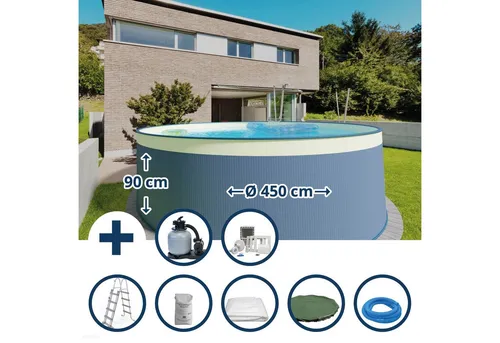 Waterman Rundpool Stahlwandpool Set 450 x 90 cm – 8-teilig - Genieße den Sommer mit diesem langlebigen Stahlwandpool. Ideal für DIY-Projekte und perfekt für die ganze Familie. Hochwertige Verarbeitung und stabile Bauweise gewährleisten langanhaltenden Badespaß.