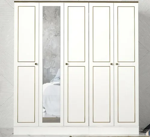 Moderne Holz Kleiderschrank Weiß 175 cm für Schlafzimmer - Eleganter Kleiderschrank mit 5 Türen und 8 Regalfächern. Ideal für eine stilvolle und praktische Aufbewahrung im Schlafzimmer. Helles Holzdesign für ein modernes Ambiente.
