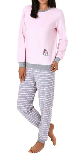 Normann Damen Pyjama Frottee mit Pinguin Stickerei - Bequemer Langarm-Pyjama in Rosa, Größe 44/46. Mit süßer Pinguin-Stickerei und praktischen Bündchen für optimalen Komfort beim Schlafen.