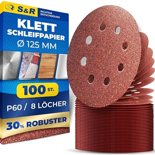 S&R Klett Schleifpapier Set 125 mm, Meister, 8 Löcher, 100 St. in Körnung P60, Schleifblätter, Schleifscheiben für Exzenterschleifer, Klettschleifpapier, zuverlässige Haftung am Schleifteller