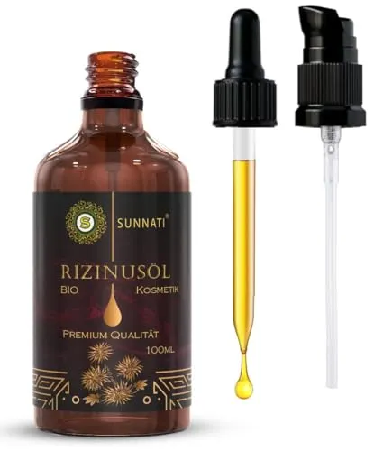 Sunnati® Bio Rizinusöl Kaltgepresst 100% Rein - Organic Castor Oil for Hair Growth - 100ml Rizinus Öl für Wimpern, Augenbrauen, Haare, Bart, Nägel, Haarwachstum - Glasflasche mit Pipette & Pumpe