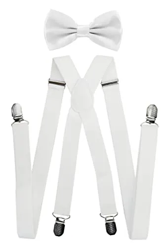 axy® Herren Hosenträger mit Fliege - 4 Starken Clips X-Form (Weiss (Hosenträger Breit 2,5cm))