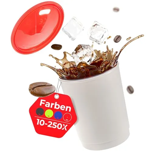 achilles Kaffeebecher mit Deckel, Kunststoffbecher, Mehrwegbecher, Trinkbecher, LFGB geprüft, spülmaschinenfest, stapelbar, 330 ml, Becher grau, Deckel rot, 10 Stk.