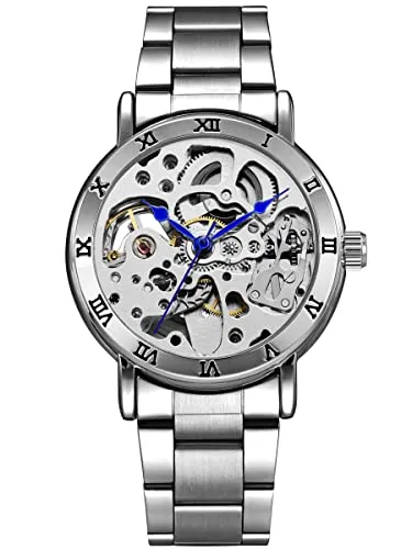 Alienwork Automatikuhr Armbanduhr Damen Silber Edelstahl Skelett-Design - Elegante Damen-Armbanduhr mit Skelett-Glasboden und automatischem Uhrwerk. Ideal für stilbewusste Frauen, die ein zeitloses Accessoire suchen. Wasserdicht bis 1 ATM.