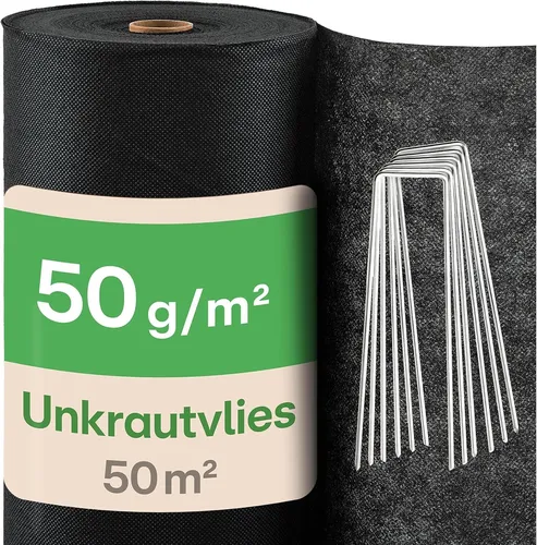 Unkrautvlies 50g/m² – 50m² mit 24 Erdankern - UV-stabiles, wasserdurchlässiges und reißfestes Gartenvlies für eine einfache Unkrautbekämpfung. Ideal für Garten, Balkon und Gemüsebeete. Enthält 24 Erdanker für stabilen Halt.