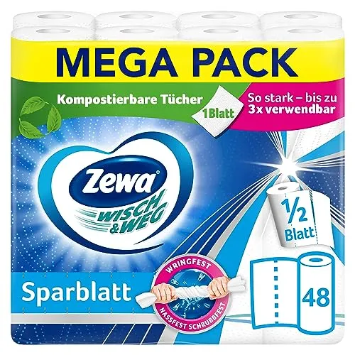 Zewa Wisch&Weg Sparblatt Mega Pack, 12 Packungen - Haushaltsrollen, Folien & Papier - Teilbare Blätter für umweltfreundlichen Verbrauch, nassfest und reißfest, ideal für weniger Verschwendung und mehr Nachhaltigkeit.