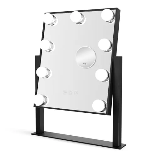 Bayt Hollywood Make-up-Spiegel 36x30 cm, Tischspiegel mit 3 Farblicht, Dimmbaren LEDs und 10x Vergrößerung, Smart Touch Control Kosmetikspiegel für Schminktisch, Schwarz
