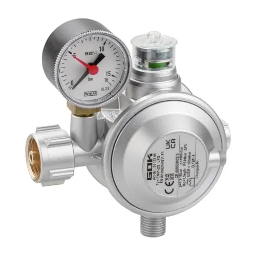 GOK Gewerberegler für Propangasflaschen, Druckminderer mit Manometer und 90° Abgang, Variante 50 mbar, Gasdruckregler