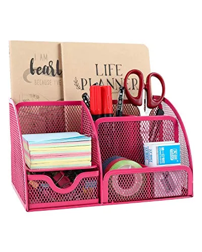 EasyPAG 7 Fächer Metall Schreibtisch Organizer Stiftehalter Stiftköcher Vielseitig Utensilienschalen Büro Organisation Zubehör Ablage mit Schublade,Rosa