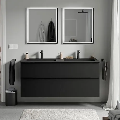 BERNSTEIN Hängender Waschtischunterschrank 120 cm - Schwarz matt mit Waschbecken - Stylischer Waschtischunterschrank in Schwarz matt, inklusive Mineralguss-Waschbecken. Ideal für eine platzsparende und elegante Lösung im Badezimmer. Einfache Wandmontage und hochwertige Verarbeitung garantieren Langlebigkeit.