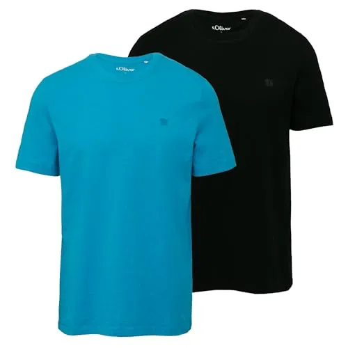 s.Oliver Herren T-Shirt Flammgarn Rundhals Kurzarm (DE/NL/SE/PL, Alphanumerisch, L, Regular, Regular, türkis/schwarz)