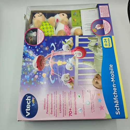 Schäfchen-Mobile pink - Baby Mobile mit 3 weichen Plüsch-Schäfchen, projiziert bunte Sternenlichter und spielt 4 Schlaflieder. Ideal für einen sanften Schlaf von 0-24 Monaten.