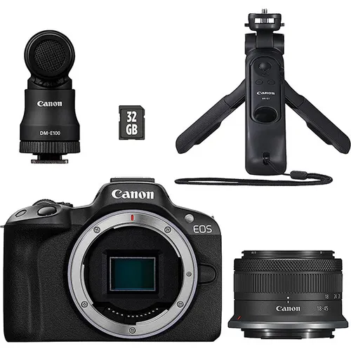 Canon EOS R50 Spiegellose Kamera Content Creator Kit – Perfekt für Einsteiger und Profis - Spiegelreflex- & Systemkameras mit 24,2 MP APS-C Sensor und Dual Pixel Autofokus II für gestochen scharfe Fotos und 4K-Videos – ideal für Vlogging und einfache Verbindung über WLAN und Bluetooth.