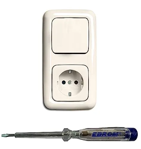 Busch Jäger Lichtschalter Wechselschalter AN/AUS 2000/6 US und Steckdose 20EUC-212 im 2-fach Rahmen in DURO2000 cremeweiß glänzend inklusive EBROM Phasenprüfer zur Montage der Geräte