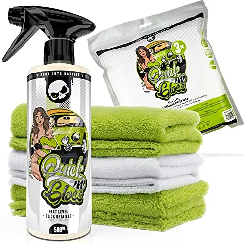 Nuke Guys Auto Wasch- und Pflegeset - Quick'n'Gloss 500ml Quick Detailer + Quick'n'Gloss 3er Pack Mikrofasertücher 40x40cm, 500GSM