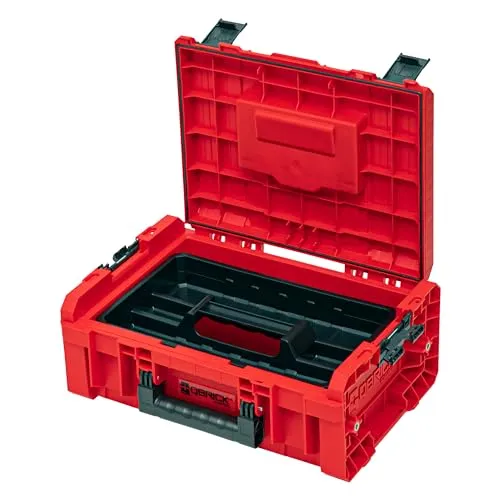 Qbrick System PRO Technik Case 2.0 RED ULTRA HD - Stapelbarer Werkzeugkoffer mit IP54-Schutz, ideal für Profis. Mit Ablage und robustem Design für maximale Ordnung und Sicherheit.