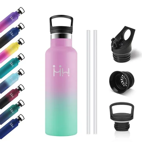 Trinkflasche Edelstahl 500ml, Auslaufsichere Isolierflasche mit Strohhalm, BPA-Frei, Kohlensäure Geeignet, Einhandöffnung, Vakuum Thermosflasche, Wasserflasche für Kinder, Sprudel, Camping, Gym