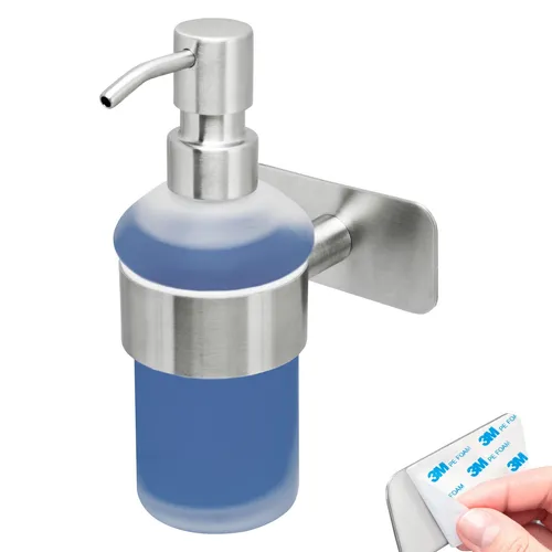 bremermann Seifenspender Bad-Serie PIAZZA TAPE - Eleganter Seifenspender aus Glas und Edelstahl - Seifenspender aus Edelstahl matt mit Klebepad, ideal für stilvolle Badezimmergestaltung ohne Bohren.