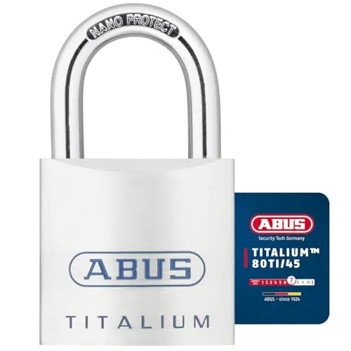ABUS Titalium 80TI Hangschloss - Gleichschließend - Vorhängeschloss aus Titalium mit gehärtetem Stahlbügel, ideal für die Erweiterung bestehender Schließungen. Sicher und korrosionsgeschützt, perfekt für die einfache Handhabung mit nur einem Schlüssel.