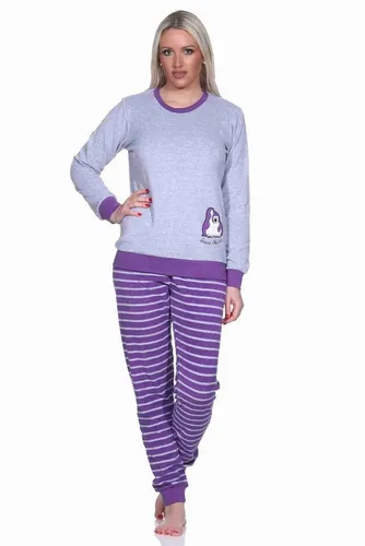 Normann Pyjama Damen Frottee Pyjama langarm mit Bündchen und Pinguin Stickerei