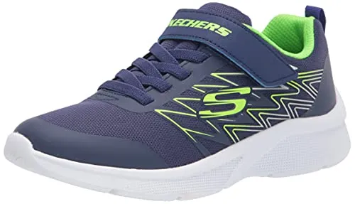 Skechers Jungen Microspec Texlor Sneaker, Navy Textile Lime Silver Trim, 31 EU - Sneaker für Jungen mit leichtem Synthetik-Obermaterial und flexibler Gummisohle, ideal für aktives Spielen und einfaches An- und Ausziehen dank Slip-on Design.
