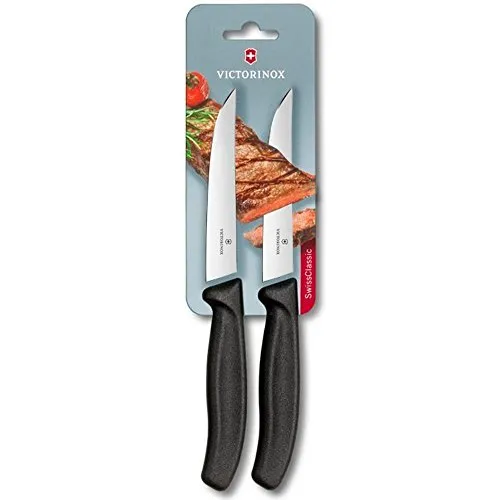 Victorinox Swiss Classic, Pizza- und Steakmesser Set, 2teilig, Extra Scharfe Klinge, Wellenschliff, 11 cm, Kunststoffgriff, Rostfreier Stahl, Schwarz
