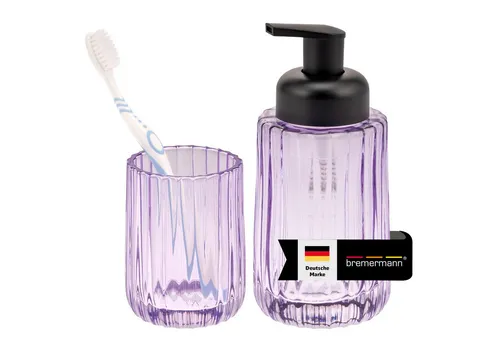 bremermann Badaccessoire-Set: Schaum-Seifenspender & Zahnputzbecher in Lavendel - Elegantes 2-teiliges Badaccessoire-Set im Retro-Design. Der Schaumseifenspender verwandelt Flüssigseife in leichten Schaum, ideal für ein angenehmes Händewaschen. Der Zahnputzbecher ist vielseitig einsetzbar und aus hochwertigem Glas.