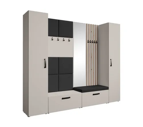 Beautysofa Garderobenschrank mit gepolsterten Paneelen und Spiegel MARGARET XL (zwei praktische Schuhschränke und zwei komfortable Kleiderschränke mit Kleiderstangen) mit dekorative Lamellen und praktischen Kleiderhaken