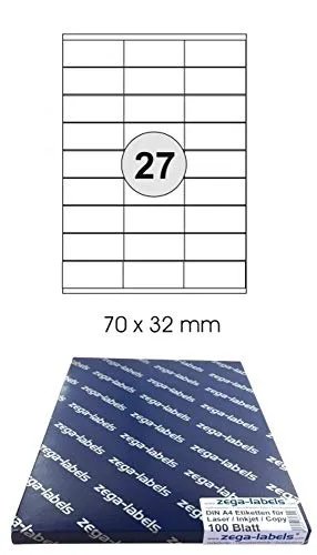 2.700 Etiketten 70 x 32 mm selbstklebend auf DIN A4 Bögen (3x9 Etiketten) - 100 Blatt Pack - Universell für Laser/Inkjet/Kopierer einsetzbar - 70x32mm 27-teilig