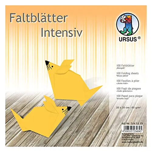 Ursus 3145119 - Faltblätter Uni intensiv, maisgelb, ca. 20 x 20 cm, 65 g/qm, 100 Blatt, aus Plakatpapier, durchgefärbt, für kleine und große Origami Künstler, ideal für vielseitige Bastelarbeiten