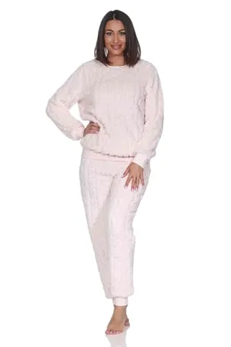 Normann Damen Langarm Schlafanzug Hausanzug mit Bündchen aus kuscheligen Sherpa-Fleece, Farbe:Rose, Größe:36-38