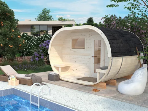 Saunafass Oval 334x274cm - Fasssauna für entspannende Stunden - Gartensauna mit Platz für 4-5 Personen, aus nordischer Fichte, elektrisch beheizt und ideal für den Außenbereich.