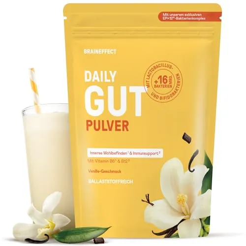 BRAINEFFECT DAILY GUT – Probiotisches Getränkepulver mit 16 Mrd. lebenden Bakterien & 7 g Ballaststoffen pro Portion, mit Vitamin B1, B2, B6 & B12, Vanille-Geschmack – 240 g