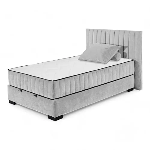 NAGOL C Boxbett 120x200, Silber - Bequemes Bett mit Bettkasten und Premium 9-Zonen-Federkern Wendematratze - 145 x 114 x 214 cm (B/H/T)