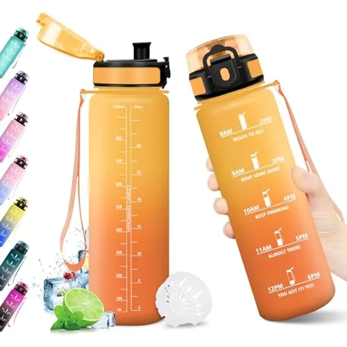 Trinkflasche 1L mit Zeitmarkierung und Filter – Auslaufsicher und BPA-frei