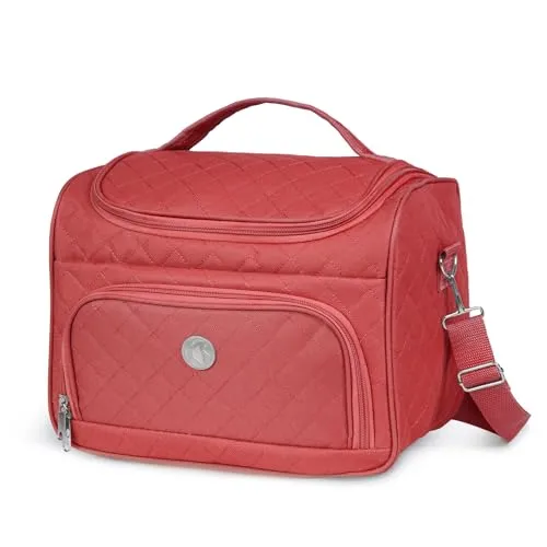 KINSTON Kulturbeutel Kosmetiktasche (Beauty Case) mit abnehmbaren Trennwänden, große Kapazität, zum Aufhängen, Fächer, Tragegriff & Schultergurt – Reise-Organizer für Bad & Koffer - Rot
