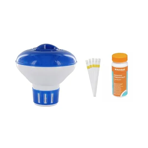 Steinbach Quicktest Streifen Kit mit Dosierschwimmer Mini - Dosierschwimmer für kristallklares Poolwasser, präzise Dosierung und verstellbare Öffnung für optimale Pflegeprodukte. Ideal für Tabletten bis Ø 5,5 cm.