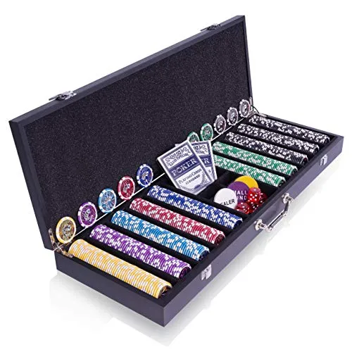 Nexos Trading Holz-Pokerkoffer „Wooden Black Edition” 500 abgerundete Ocean-Champion-Chips Laserchips Poker-Set 2 Kunststoff-Karten Decks Schwarz Texas Holdem