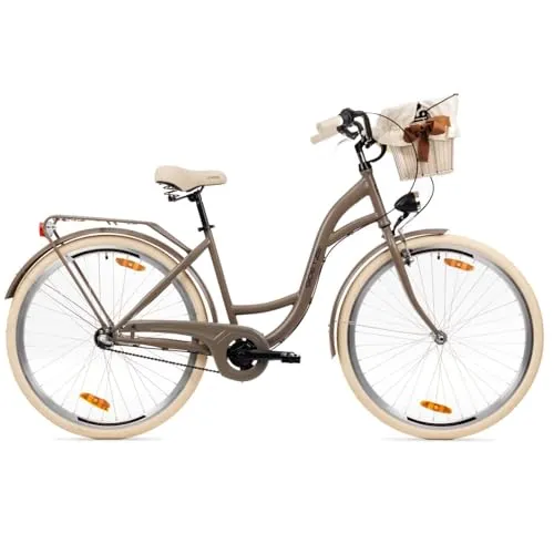 Goetze Style 28 Zoll Damen Citybike, 18 Zoll Tiefeinsteiger, 3-Gang Nabenschaltung, Rücktrittbremse und V-Bremse, LED-Beleuchtung, Rattankorb, Komfortsattel, mit Seitenständer & Klingel
