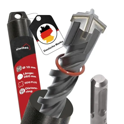 siwitec SDS Plus Bohrer 10 x 260 mm, SDS Bohrer für Stahlbeton, Stein und Beton, Steinbohrer inkl. Distanzring, Betonbohrer mit 4-Schneiden Geometrie und Doppelwendel