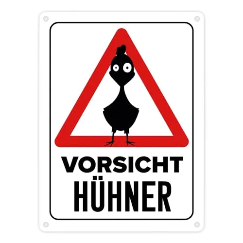 Vorsicht Hühner Metallschild in 15x20 cm mit Huhn Silhouette witziges Blechschild für Hühnerhalter lustige Warnung vor den Hühnern