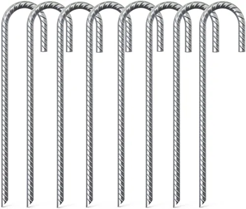 KAHEIGN 8Pcs Bodenanker Verzinkte Zeltnägel Garten Erdanker, 40cm Verzinkte Bodenanker Garten Heringe Rostfrei Gebogen J-Erdnägel Zeltheringe mit Reibrippen für Campingzelte Trampoline (Silber)